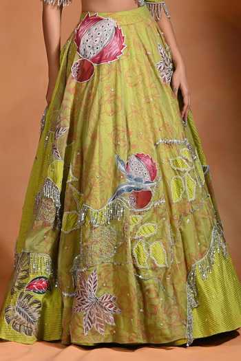 Rishi and Vibhuti_Green Organza Off-shoulder Brat Patchwork Embellished Lehenga And Blouse Set _Online_at_Aza_Fashions