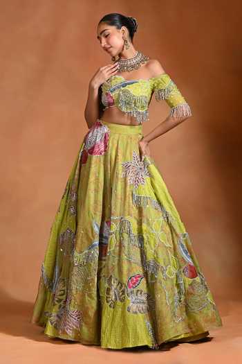 Buy_Rishi and Vibhuti_Green Organza Off-shoulder Brat Patchwork Embellished Lehenga And Blouse Set _Online_at_Aza_Fashions