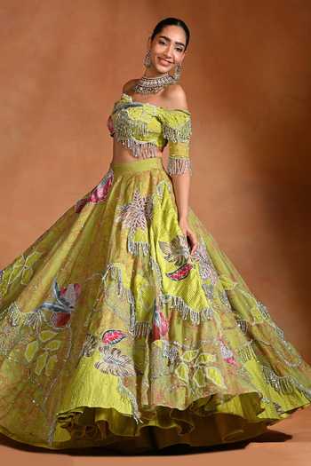 Shop_Rishi and Vibhuti_Green Organza Off-shoulder Brat Patchwork Embellished Lehenga And Blouse Set _Online_at_Aza_Fashions