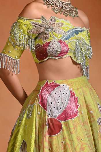 Rishi and Vibhuti_Green Organza Off-shoulder Brat Patchwork Embellished Lehenga And Blouse Set _at_Aza_Fashions