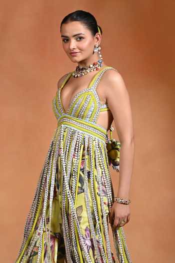Rishi and Vibhuti Green Crepe Plunge Neck Brat Cascade Tassel Top And Gharara Set Online at Aza Fashions Rishi and Vibhuti_Green Crepe Plunge Neck Brat Cascade Tassel Top And Gharara Set _Online_at_Aza_Fashions