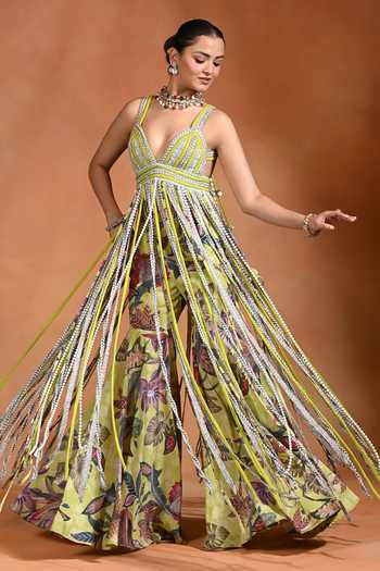 Rishi and Vibhuti Brat Cascade Tassel Top & Gharara Set 