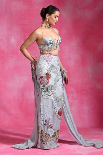 Rishi and Vibhuti Blue Organza, Crepe Embroidery, Cut Work Icy Mehbooba Skirt Set With Hand Cape Online at Aza Fashions Rishi and Vibhuti_Blue Organza, Crepe Embroidery, Cut Work Icy Mehbooba Skirt Set With Hand Cape _Online_at_Aza_Fashions