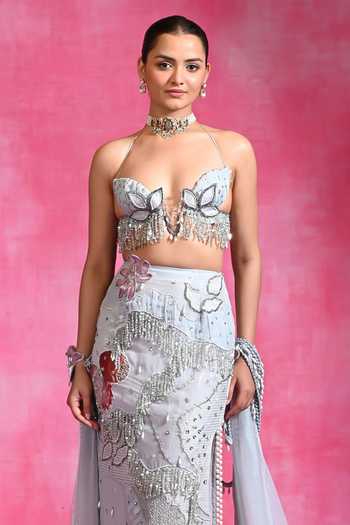 Buy Rishi and Vibhuti Blue Organza, Crepe Embroidery, Cut Work Icy Mehbooba Skirt Set With Hand Cape Online at Aza Fashions Buy_Rishi and Vibhuti_Blue Organza, Crepe Embroidery, Cut Work Icy Mehbooba Skirt Set With Hand Cape _Online_at_Aza_Fashions
