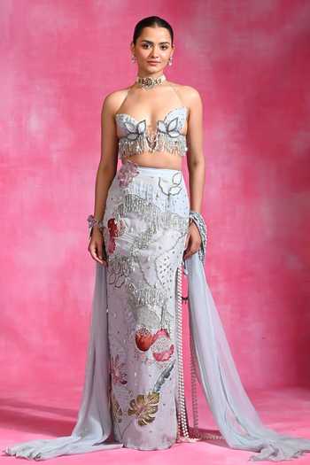 Shop Rishi and Vibhuti Blue Organza, Crepe Embroidery, Cut Work Icy Mehbooba Skirt Set With Hand Cape Online at Aza Fashions Shop_Rishi and Vibhuti_Blue Organza, Crepe Embroidery, Cut Work Icy Mehbooba Skirt Set With Hand Cape _Online_at_Aza_Fashions