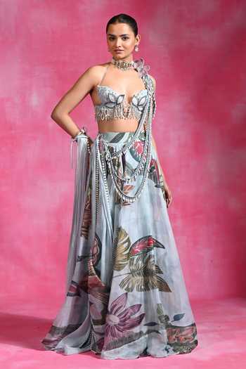 Rishi and Vibhuti Blue Organza, Crepe Embroidery, Chaand Baag Braided Cape And Lehenga Set Online at Aza Fashions Rishi and Vibhuti_Blue Organza, Crepe Embroidery, Chaand Baag Braided Cape And Lehenga Set _Online_at_Aza_Fashions