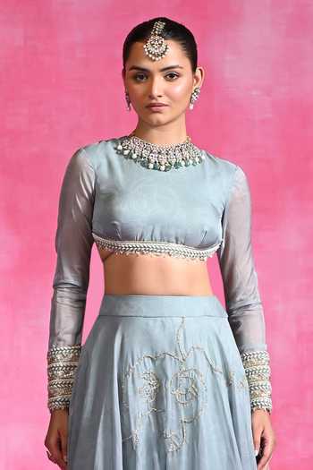 Rishi and Vibhuti Blue Organza Round Neck Icy Garnet Embroidered Lehenga And Blouse Set Online at Aza Fashions Rishi and Vibhuti_Blue Organza Round Neck Icy Garnet Embroidered Lehenga And Blouse Set _Online_at_Aza_Fashions
