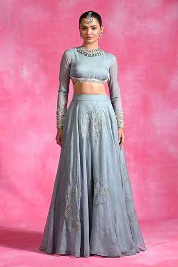 Shop Rishi and Vibhuti Blue Organza Round Neck Icy Garnet Embroidered Lehenga And Blouse Set Online at Aza Fashions Shop_Rishi and Vibhuti_Blue Organza Round Neck Icy Garnet Embroidered Lehenga And Blouse Set _Online_at_Aza_Fashions