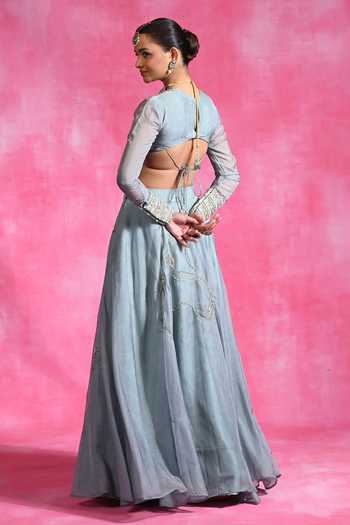 Rishi and Vibhuti Icy Garnet Embroidered Organza Lehenga & Blouse Set 