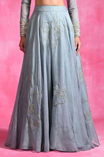 Rishi and Vibhuti Blue Organza Round Neck Icy Garnet Embroidered Lehenga And Blouse Set at Aza Fashions Rishi and Vibhuti_Blue Organza Round Neck Icy Garnet Embroidered Lehenga And Blouse Set _at_Aza_Fashions