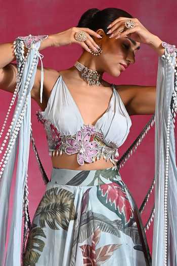 Rishi and Vibhuti Blue Organza, Crepe Plunge Neck Icy Woo Floral Lehenga Set With Hand Cape Online at Aza Fashions Rishi and Vibhuti_Blue Organza, Crepe Plunge Neck Icy Woo Floral Lehenga Set With Hand Cape _Online_at_Aza_Fashions