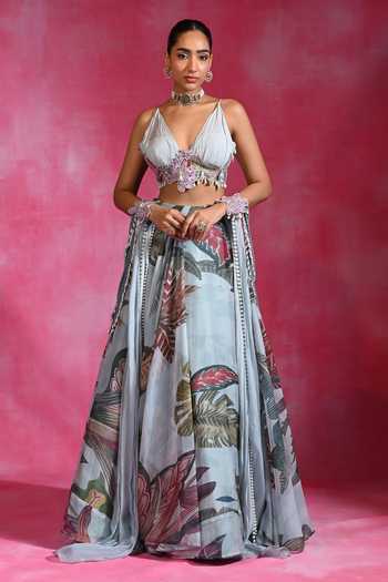 Buy Rishi and Vibhuti Blue Organza, Crepe Plunge Neck Icy Woo Floral Lehenga Set With Hand Cape Online at Aza Fashions Buy_Rishi and Vibhuti_Blue Organza, Crepe Plunge Neck Icy Woo Floral Lehenga Set With Hand Cape _Online_at_Aza_Fashions