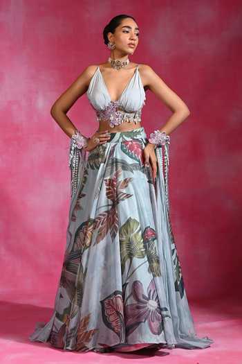 Rishi and Vibhuti Icy Woo Floral Lehenga Set With Hand Cape 