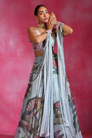 Shop Rishi and Vibhuti Blue Organza, Crepe Plunge Neck Icy Woo Floral Lehenga Set With Hand Cape Online at Aza Fashions Shop_Rishi and Vibhuti_Blue Organza, Crepe Plunge Neck Icy Woo Floral Lehenga Set With Hand Cape _Online_at_Aza_Fashions
