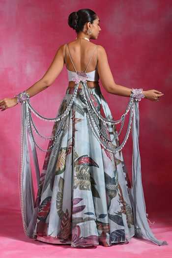 Rishi and Vibhuti Icy Woo Floral Lehenga Set With Hand Cape 