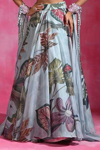 Rishi and Vibhuti Blue Organza, Crepe Plunge Neck Icy Woo Floral Lehenga Set With Hand Cape at Aza Fashions Rishi and Vibhuti_Blue Organza, Crepe Plunge Neck Icy Woo Floral Lehenga Set With Hand Cape _at_Aza_Fashions