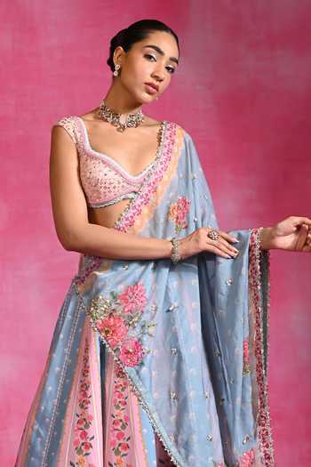 Rishi and Vibhuti_Blue Crepe Sweetheart Neck Neel Floral Pattern Lehenga Set _Online_at_Aza_Fashions