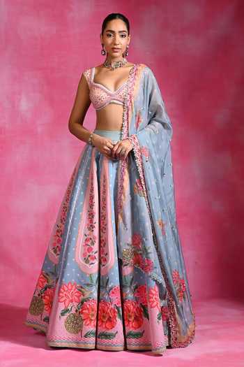 Rishi and Vibhuti Neel Floral Pattern Lehenga Set 