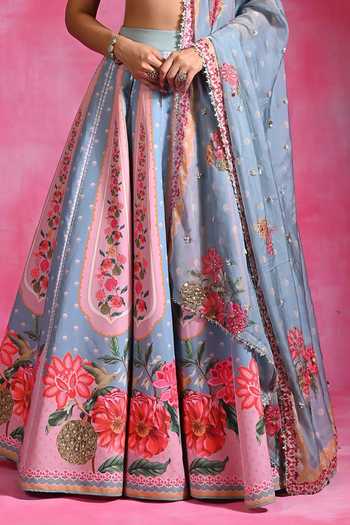 Buy_Rishi and Vibhuti_Blue Crepe Sweetheart Neck Neel Floral Pattern Lehenga Set _Online_at_Aza_Fashions