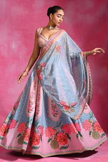 Shop_Rishi and Vibhuti_Blue Crepe Sweetheart Neck Neel Floral Pattern Lehenga Set _Online_at_Aza_Fashions