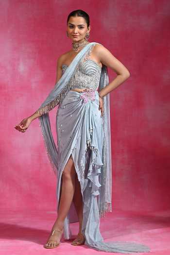 Buy Rishi and Vibhuti Sky Blue Crepe, Net Beads, Pearls Ice Crush Pre-draped Saree With Corset Online at Aza Fashions Buy_Rishi and Vibhuti_Sky Blue Crepe, Net Beads, Pearls Ice Crush Pre-draped Saree With Corset _Online_at_Aza_Fashions