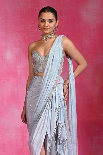 Shop Rishi and Vibhuti Sky Blue Crepe, Net Beads, Pearls Ice Crush Pre-draped Saree With Corset Online at Aza Fashions Shop_Rishi and Vibhuti_Sky Blue Crepe, Net Beads, Pearls Ice Crush Pre-draped Saree With Corset _Online_at_Aza_Fashions