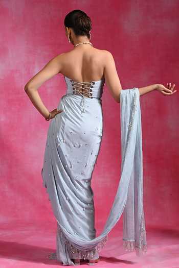 Rishi and Vibhuti Ice Blue Crush Pre-Draped Saree With Corset 