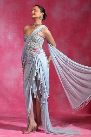 Rishi and Vibhuti Sky Blue Crepe, Net Beads, Pearls Ice Crush Pre-draped Saree With Corset at Aza Fashions Rishi and Vibhuti_Sky Blue Crepe, Net Beads, Pearls Ice Crush Pre-draped Saree With Corset _at_Aza_Fashions