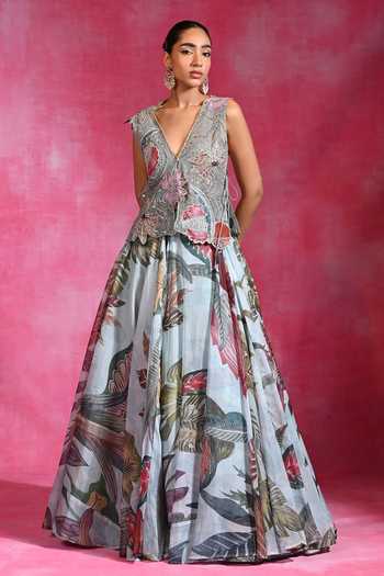 Rishi and Vibhuti Jacky Bloom Shrug & Lehenga Set 