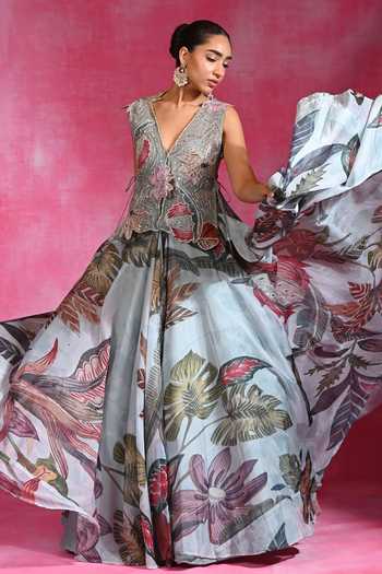 Rishi and Vibhuti Jacky Bloom Shrug & Lehenga Set 