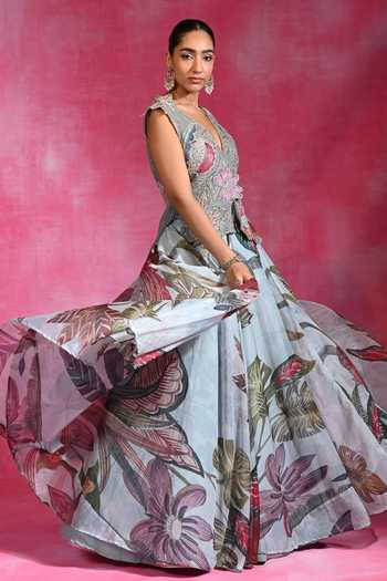 Rishi and Vibhuti Blue Organza, Mesh Embroidery, Cut Work V-neck Jacky Bloom Shrug And Lehenga Set Online at Aza Fashions Rishi and Vibhuti_Blue Organza, Mesh Embroidery, Cut Work V-neck Jacky Bloom Shrug And Lehenga Set _Online_at_Aza_Fashions
