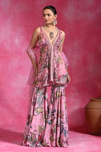 Rishi and Vibhuti_Pink Crepe V-neck Sugar Mingle Printed Peplum Top Sharara Set _Online_at_Aza_Fashions