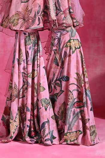 Buy_Rishi and Vibhuti_Pink Crepe V-neck Sugar Mingle Printed Peplum Top Sharara Set _Online_at_Aza_Fashions