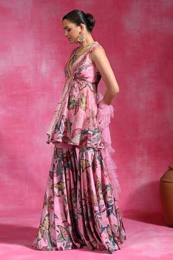 Rishi and Vibhuti_Pink Crepe V-neck Sugar Mingle Printed Peplum Top Sharara Set _at_Aza_Fashions