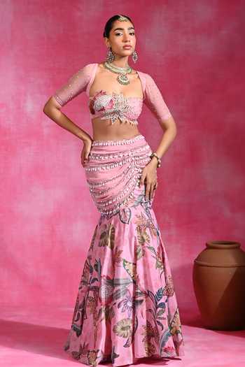 Rishi and Vibhuti Pink Daffodil Mermaid Skirt Set 