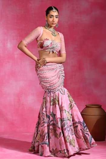 Rishi and Vibhuti Pink Organza, Crepe Sweetheart Neck Daffodil Mermaid Skirt Set Online at Aza Fashions Rishi and Vibhuti_Pink Organza, Crepe Sweetheart Neck Daffodil Mermaid Skirt Set _Online_at_Aza_Fashions