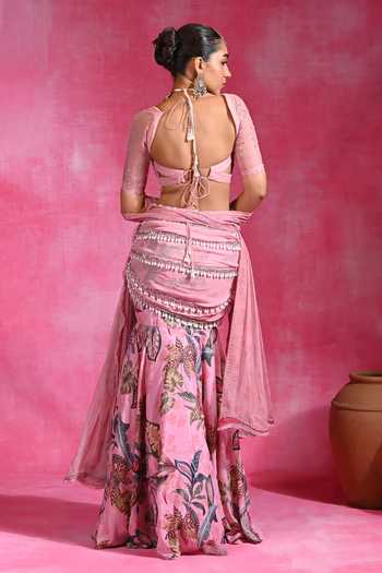 Rishi and Vibhuti Pink Daffodil Mermaid Skirt Set 