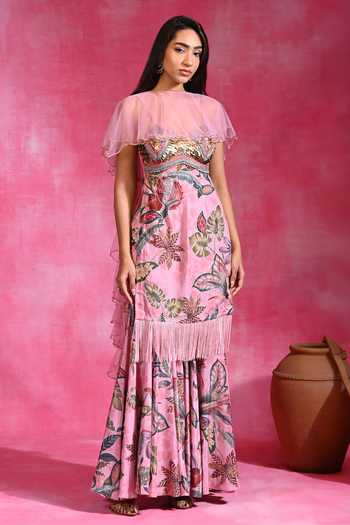 Rishi and Vibhuti_Pink Crepe, Net Sweetheart Neck Floral Print Tunic Gharara Set _Online_at_Aza_Fashions