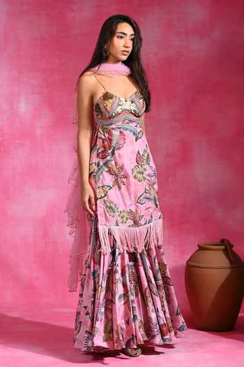 Buy_Rishi and Vibhuti_Pink Crepe, Net Sweetheart Neck Floral Print Tunic Gharara Set _Online_at_Aza_Fashions