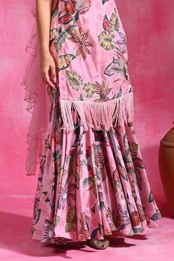 Shop_Rishi and Vibhuti_Pink Crepe, Net Sweetheart Neck Floral Print Tunic Gharara Set _Online_at_Aza_Fashions