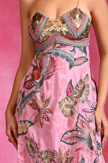 Rishi and Vibhuti_Pink Crepe, Net Sweetheart Neck Floral Print Tunic Gharara Set _at_Aza_Fashions