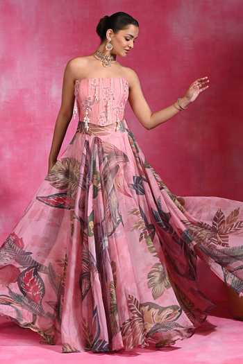 Shop Rishi and Vibhuti Pink Organza, Chanderi Beads, Pearls Bandeau Sugar Siren Corset And Lehenga Set Online at Aza Fashions Shop_Rishi and Vibhuti_Pink Organza, Chanderi Beads, Pearls Bandeau Sugar Siren Corset And Lehenga Set _Online_at_Aza_Fashions