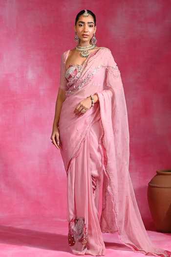 Rishi and Vibhuti_Pink Organza Sweetheart Neck Baharra Pre-stitched Saree With Blouse _Online_at_Aza_Fashions