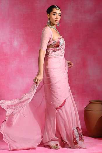 Buy_Rishi and Vibhuti_Pink Organza Sweetheart Neck Baharra Pre-stitched Saree With Blouse _Online_at_Aza_Fashions
