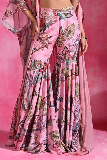 Rishi and Vibhuti_Pink Organza, Crepe Beads, Pearls Sugar Winkle Printed Shrug Sharara Set _Online_at_Aza_Fashions
