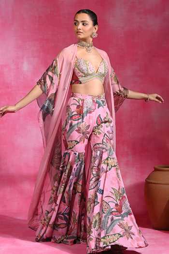 Buy_Rishi and Vibhuti_Pink Organza, Crepe Beads, Pearls Sugar Winkle Printed Shrug Sharara Set _Online_at_Aza_Fashions