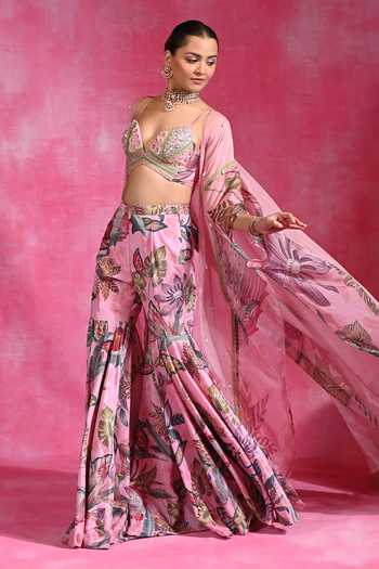 Shop_Rishi and Vibhuti_Pink Organza, Crepe Beads, Pearls Sugar Winkle Printed Shrug Sharara Set _Online_at_Aza_Fashions