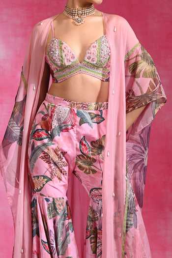 Rishi and Vibhuti_Pink Organza, Crepe Beads, Pearls Sugar Winkle Printed Shrug Sharara Set _at_Aza_Fashions