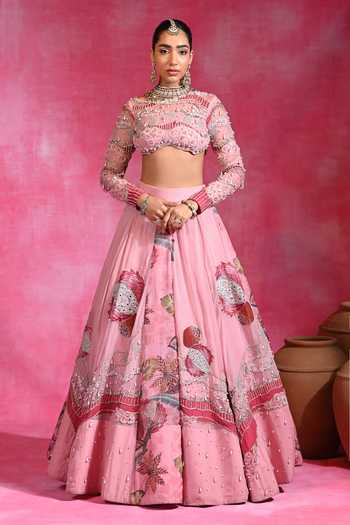 Rishi and Vibhuti Pink Organza, Net High Neck Gulabi Maharani Embroidered Lehenga Set Online at Aza Fashions Rishi and Vibhuti_Pink Organza, Net High Neck Gulabi Maharani Embroidered Lehenga Set _Online_at_Aza_Fashions