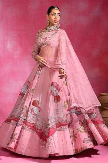 Shop Rishi and Vibhuti Pink Organza, Net High Neck Gulabi Maharani Embroidered Lehenga Set Online at Aza Fashions Shop_Rishi and Vibhuti_Pink Organza, Net High Neck Gulabi Maharani Embroidered Lehenga Set _Online_at_Aza_Fashions